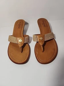 Eric Javits Logo Thong Sandals Womens 6.5 Leather Kitten Heel Made In Italy - Picture 1 of 10