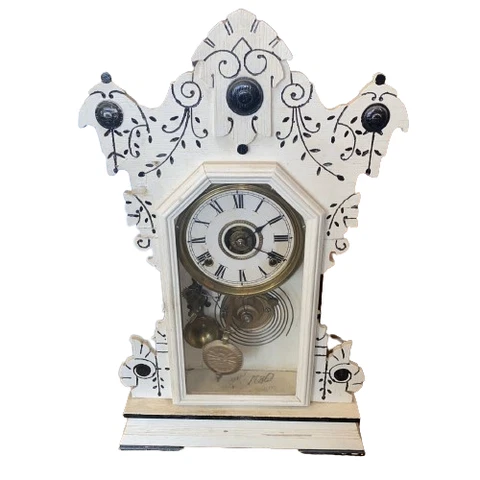 Antique Seth Thomas Gingerbread Mantle Clock Painted White & Black W/Bell Chime Cover