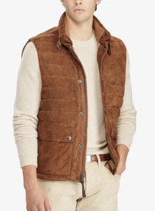 Polo Ralph Lauren Small Brown Leather Down Vest Jacket Hunting Quilted Suede Tan - Picture 1 of 12