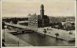 Malmö Schweden Sverige AK mit Briefmarke Stamp 1936 Blick auf Hamnförvaldningen - Picture 1 of 2
