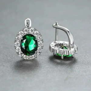 2Ct Oval Lab-Created Emerald Beautiful Hoop Stud Earring 14K White Gold Plated - Picture 1 of 8
