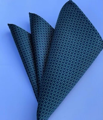 Men’s Pure Silk Pocket Square, 11 Inch, Navy Blue With Tiny Green Diamond Shapes - Image 1 of 4