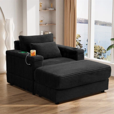 HOMESTUDION Oversized Corduroy Upholstered Chaise Longue Chair Reclining Sofa w/Ottoman