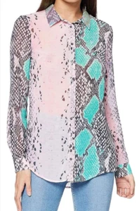GUESS Clouis Snake Print Shirt Blouse UK 12 /Size L - Designer Pink Aqua Sequins - Picture 1 of 17