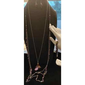 4 PIECE SET WOMEN'S FASHION JEWELRY 2 NECKLACES PAIR EARRINGS STRETCH BRACELET - Picture 1 of 10