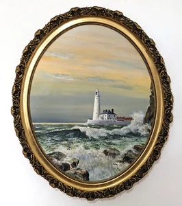 S White British 20th Century Oil Panel Art Painting St Mary's Island Lighthouse - Picture 1 of 9