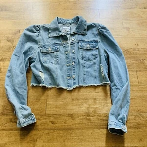 Highway Jeans Jacket Women’s XL Denim Distressed Puff Sleeves, Cropped - Picture 1 of 8