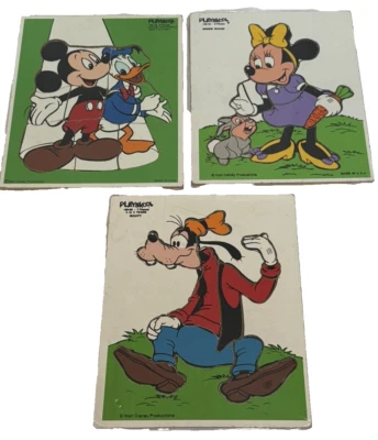Playskool 3 Vintage Wooden Puzzles Mickey Mouse Minnie Donald Goofy Walt Disney - Image 1 of 4