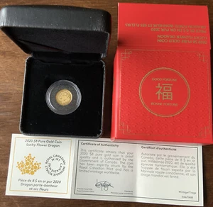 Moneda de oro puro Canadá 2020 de 8 USD Lucky Flower Dragon. Con certificado de autenticidad/ogp 、buena fortuna - Imagen 1 de 11
