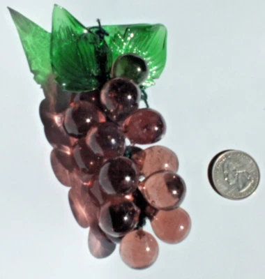 solid GLASS grape bunch 5" long with glass leaves hand blown vtg wire stem #16 - Image 1 of 4