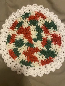 Handmade Crochet Washcloth/Dishcloth  100% Cotton Red Green White Gift Vintage - Picture 1 of 1
