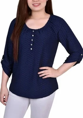 NY Collection Women's 3/4 Sleeve Blouse Dark Blue Petites Size PL - Image 1 of 3