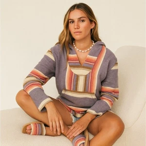 FAHERTY Baja Pullover Hoodie Sweater Washed Blue Pink Stripe Sz S $158 {3F13} - Picture 1 of 5