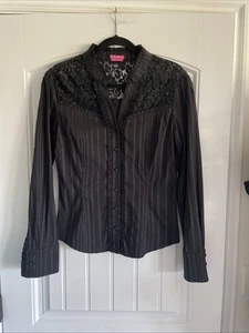 BCBGirls BCBG Black And Lurex Striped Blouse Top Blouse Shirt Ruffle Bodice Med - Picture 1 of 9