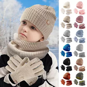 Kid Winter Warm Suits Knitted Hat Scarf And Gloves Set For Girls Boy Beanies Cap - Picture 1 of 21
