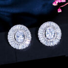 Red Silver Plated CZ Crystal Baguette Big Round Stud Earrings for Ladies Party
