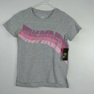 Athletic Works Graphic Tee Gray Medium 7-8 Girls Pink Sparkle Spellout Inspired - Picture 1 of 9