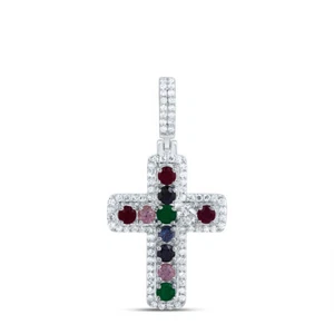 10K White Gold Diamond & Gemstone Religious Cross Pendant 1.10" Charm 3/4 CT - Picture 1 of 1