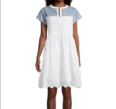 Roller Rabbit white Pamela EYELET DRESS Tiered Shift Cap Sleeve Size X-Small XS - Image 1 of 4