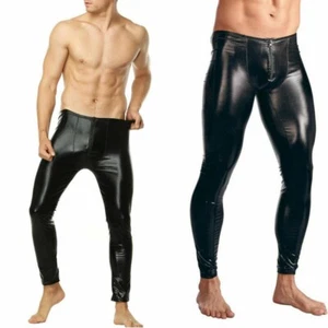 Black Tight Leggings Clubwear PU Leather Pants with Pouch Zip for Men's Fashion - Picture 1 of 27