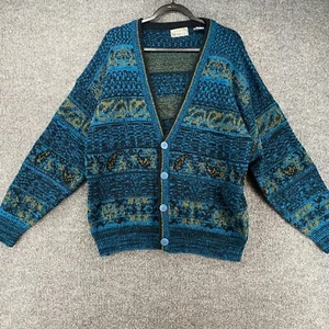 Vintage City Streets Cardigan Sweater Mens M Blue Abstract Button Up Grandpa 90s - Picture 1 of 10