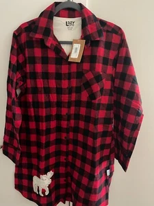 NEW Lazy One Flannel Moose Plaid PJ Button Up/Nightshirt Holiday SMALL MEDIUM - Picture 1 of 5