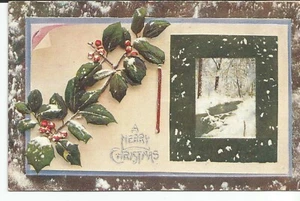 Christmas Holly & Berries Winter Stream Scene Vintage Postcard - Picture 1 of 2