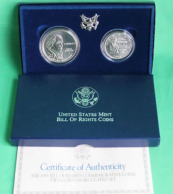 1993 BU Bill of Rights Silver 2 Coin US Mint Commemorative Silver Dollar & Half - Image 1 of 4