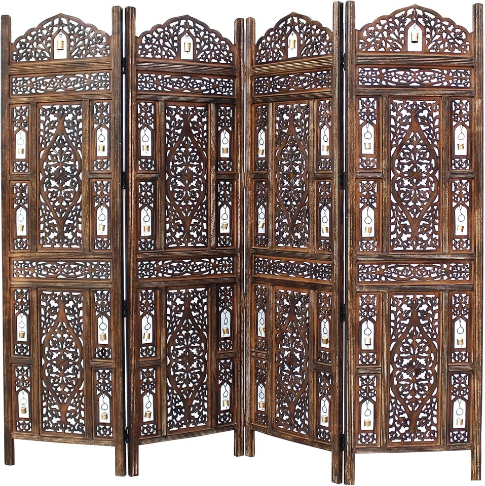 Room Divider Wood Screen 4 Panel Folding Assembled Hand Carved Versatile 72 x 80 - Image 1 of 1