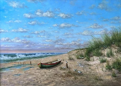 Arte de paisaje costero de playa pintura al óleo dunas de arena gaviotas océano artista firmado Foto 1 de 4