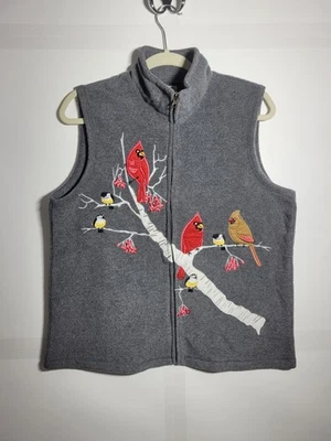 Baxter & Wells 拉链刺绣红衣主教鸟抓绒灰色背心,尺寸 L  — 第 1/4 张图片