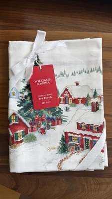 Set 2: Williams Sonoma Twas the Night Snowy Village Christmas Tea Towels - New - Image 1 of 3