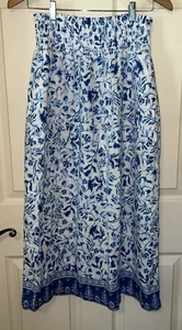 Joie Skirt White Blue Floral 100% Linen Midi Elastic Waist Pockets Large - Picture 1 of 8