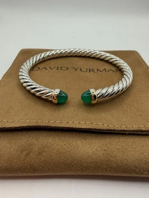 David Yurman Sterling Silver & 14k Gold Cable Flex 6MM Bracelet & Green Onyx M - Image 1 of 4