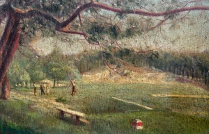 Antique Painting Original Landscape, Golf, Players, Trees, People signed - Picture 1 of 8