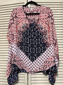 Dana Buchman Blue Print Polyester Chiffon Flowy Caftan Blouse Shirt Top L - Picture 1 of 8