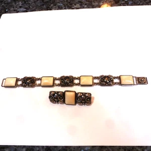 VINTAGE STERLING SILVER N.E. FROM BRACELET + BROOCH FLORAL CREAM COLORED STONE - Picture 1 of 7