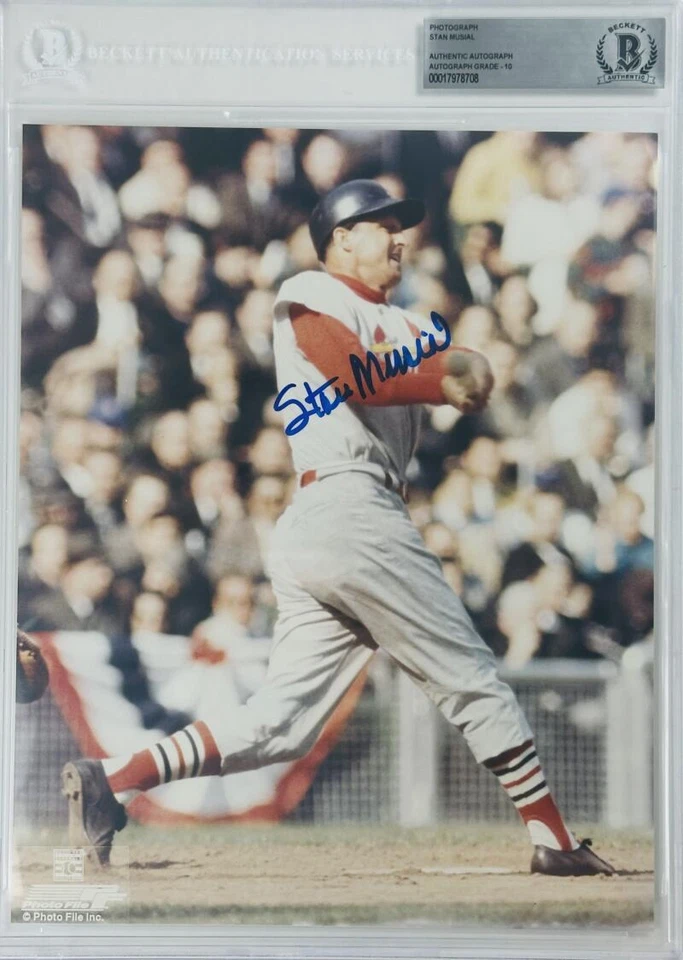 STAN MUSIAL SIGNED SLABBED 8X10 PHOTO ST LOUIS CARDINALS AUTOGRAPH 708 BAS 10 - Image 1 of 2