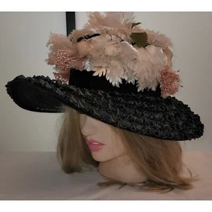 Vintage 50s Lg Black Straw Floral Platter Hat Pink White Mid Century 20.5 inches - Picture 1 of 10