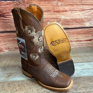 Womens Western Rodeo Square Toe Cowgirl Boots Leather flower design bota - Picture 1 of 11