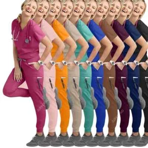 Tute da jogging medico infermiere uniformi scollo a V top tasche pantaloni infermiera scrub set - Foto 1 di 37