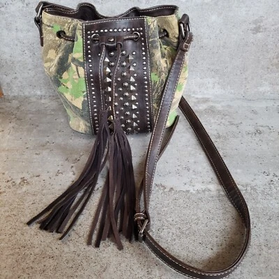 MONTANA WEST Camo Camouflage Crossbody Purse Handbag Studded  Tassel Brown Green - Image 1 of 4