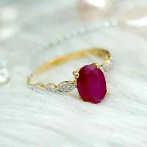 14K Two Tone Gold Women's Wedding Ring 2.20CT Oval Cut Natural Red Ruby Diamond - Picture 1 of 15