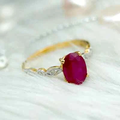 14K Two Tone Gold Women's Wedding Ring 2.20CT Oval Cut Natural Red Ruby Diamond - Image 1 of 4