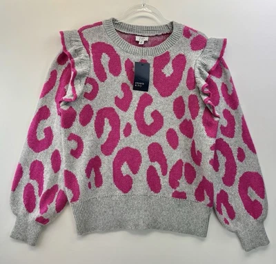 NUEVO CON ETIQUETAS Crown & Ivy Rosa Gris Leopardo Tejido Suéter Volantes Manga Larga Top Para Mujer XL Foto 1 de 4