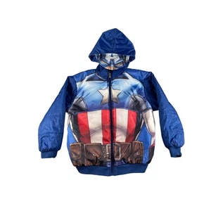 Marvel Avengers Captain America Jacket Boys 10 Blue Puffer Hooded Pockets Zipper - Picture 1 of 14