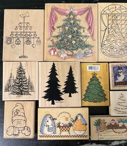 Lot of 11 Christmas Themed Mounted Rubber Stamps Tree Snowman Santa Claus - Picture 1 of 24