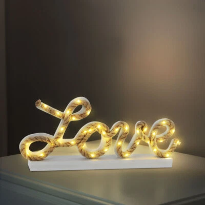 Tischlampe Beistellleuchte Tischleuchte LED Schlafzimmerlampe Hanfseil Love weiß - Bild 1 von 4