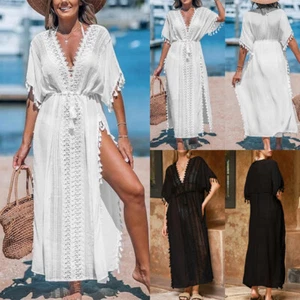 Women Bikini Cover Up Lace V Neck Fringe Beach Kaftan Maxi Dress Swimwear Summer - Picture 1 of 19