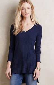 New DELETTA anthropologie Blue Ribbed Hi-Lo Tunic SMALL $68 Knit Top NWT - Picture 1 of 9